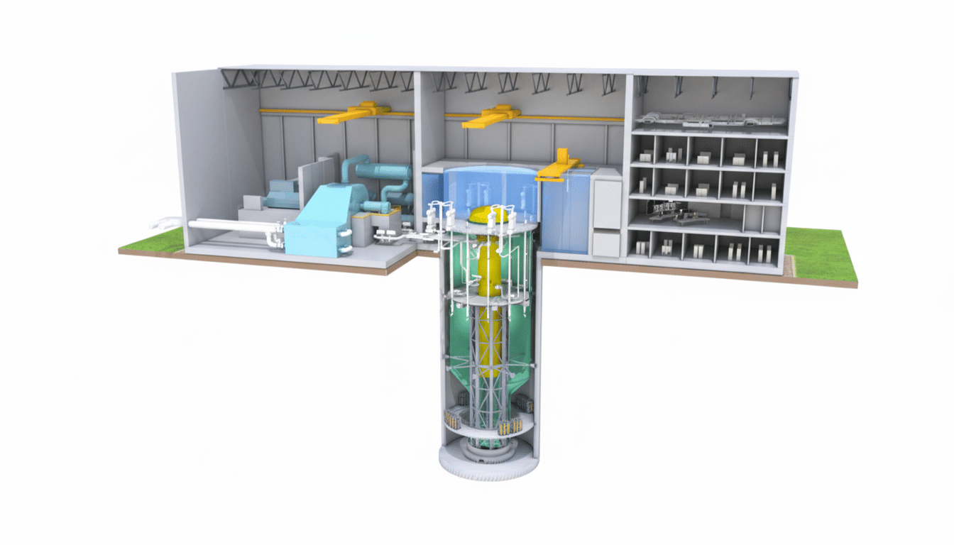 A cutaway diagram of a nuclear power plant, showing the reactor core submerged in a pool, connected to a turbine and generator system within a building, with additional facilities and equipment visible on the right.