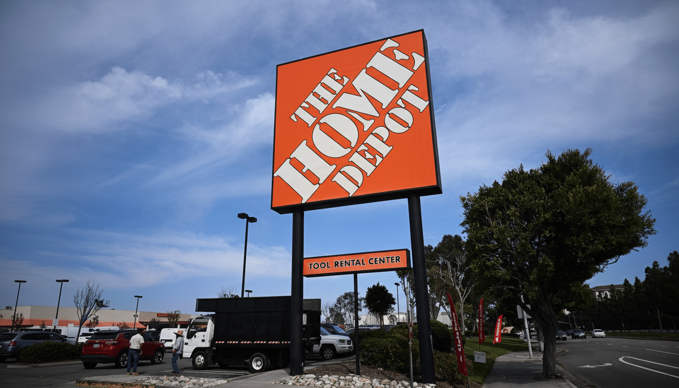 The Home Depot sign with a Tool Rental Center sign below it, set against a blue sky with wispy clouds.