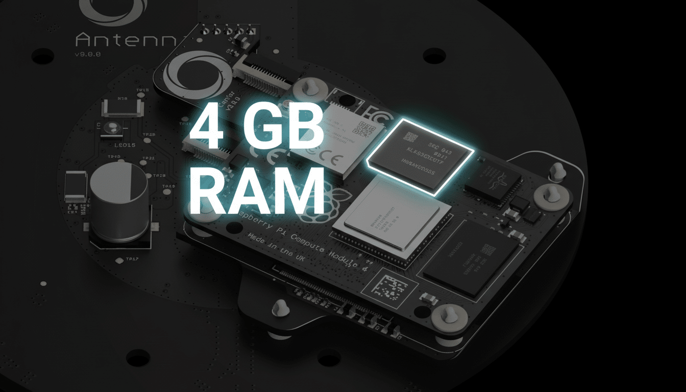 A close-up of a Raspberry Pi Compute Module 4 with 4 GB RAM highlighted in glowing white text.
