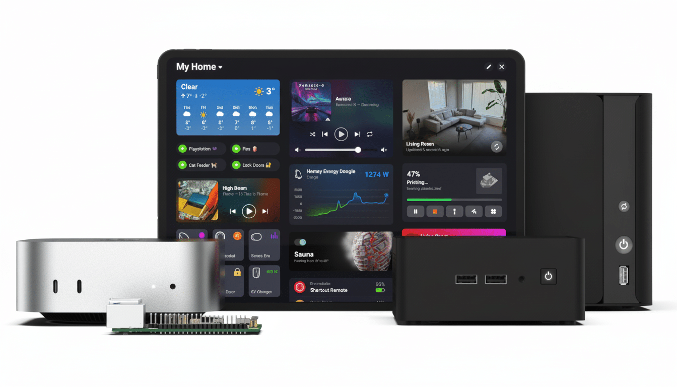 A tablet displaying a smart home interface, surrounded by various smart home devices including a silver hub, a black hub, and a small circuit board.