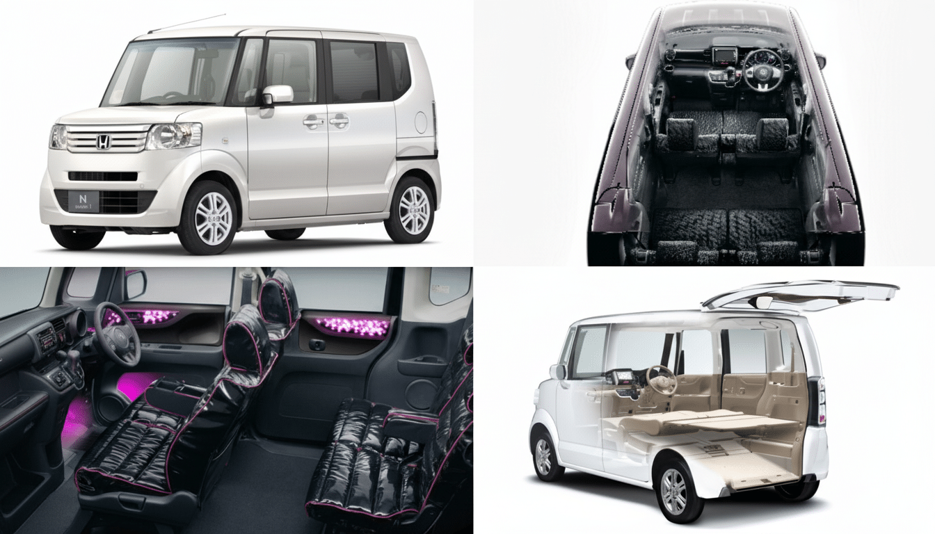 A collage of four images showcasing the exterior and interior features of a white Honda N-Box, including its spacious interior and customizable seating arrangements.