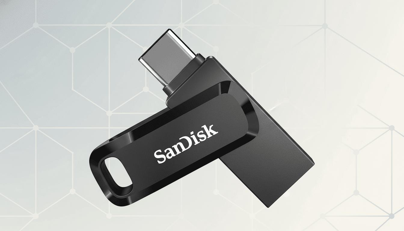 A black SanDisk USB-C flash drive with a swivel design, presented on a professional flat design background with soft geometric patterns and a light gradient.