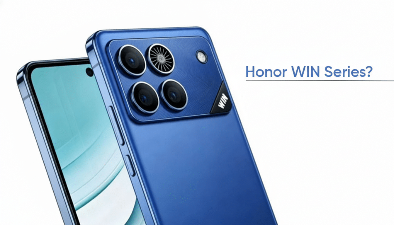 A blue smartphone with a quad-camera setup on the back, next to another smartphone with a light blue screen, both against a white background with the text Honor WIN Series?.