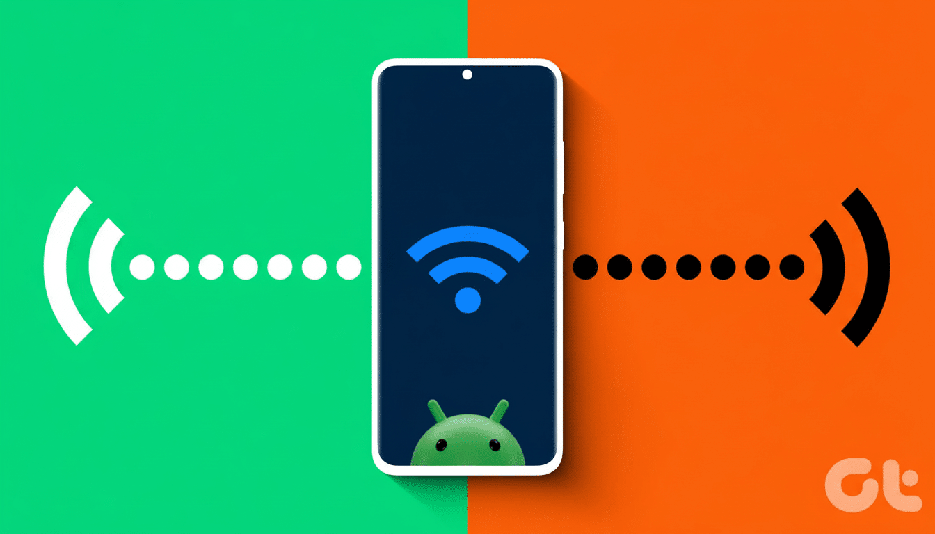 A smartphone with a Wi-Fi symbol on its screen, flanked by two signal icons on a split green and orange background, resized to a 16:9 aspect ratio.