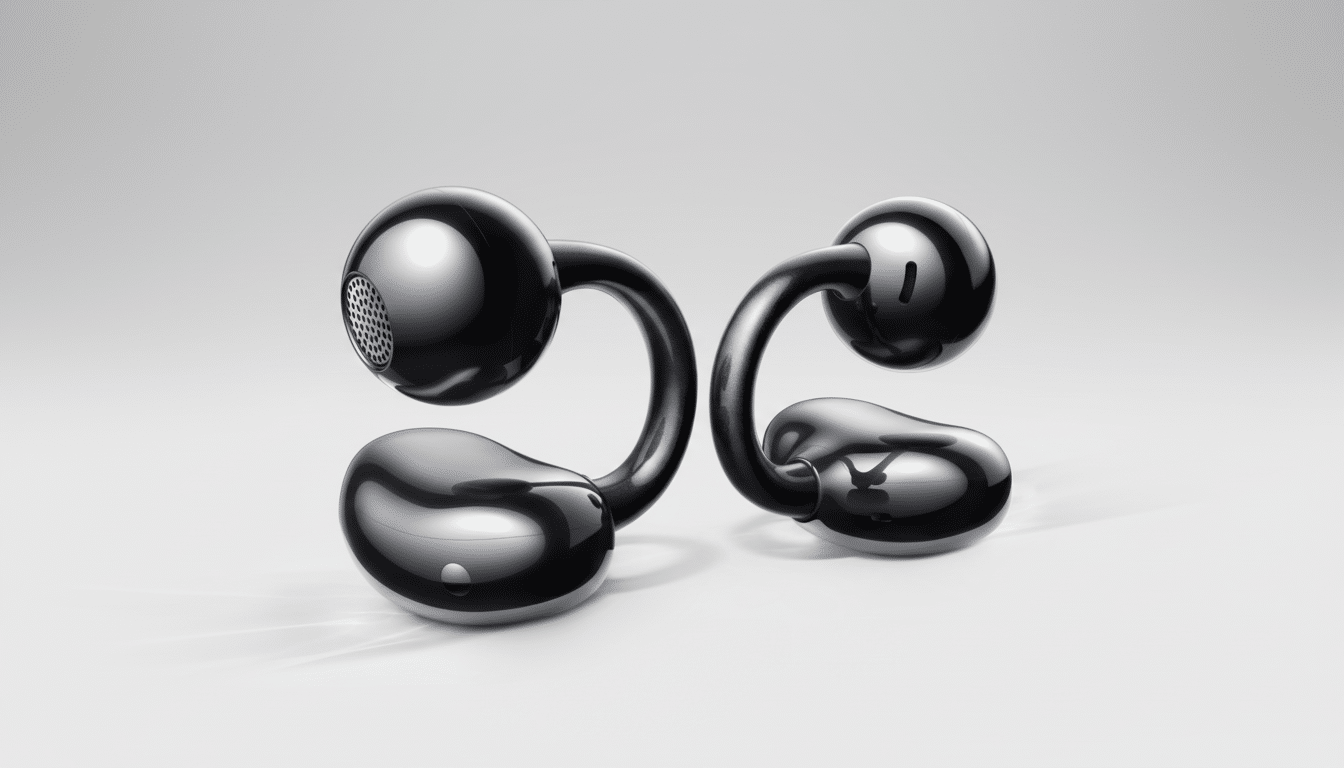 A pair of sleek, black, abstract-shaped speakers with a glossy finish, set against a clean, light gray background.