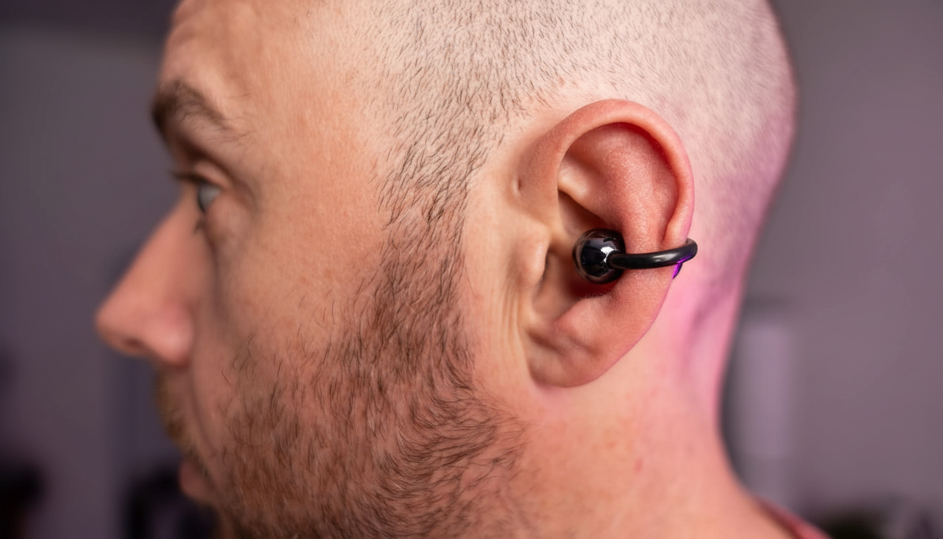 A close-up, side profile of a mans head, showing a black, spherical earbud with a curved black hook resting in his ear. The man has short, light brown hair and stubble, and his skin has a slight pinkish hue from the lighting. The background is a soft, out-of-focus blend of purple and grey.