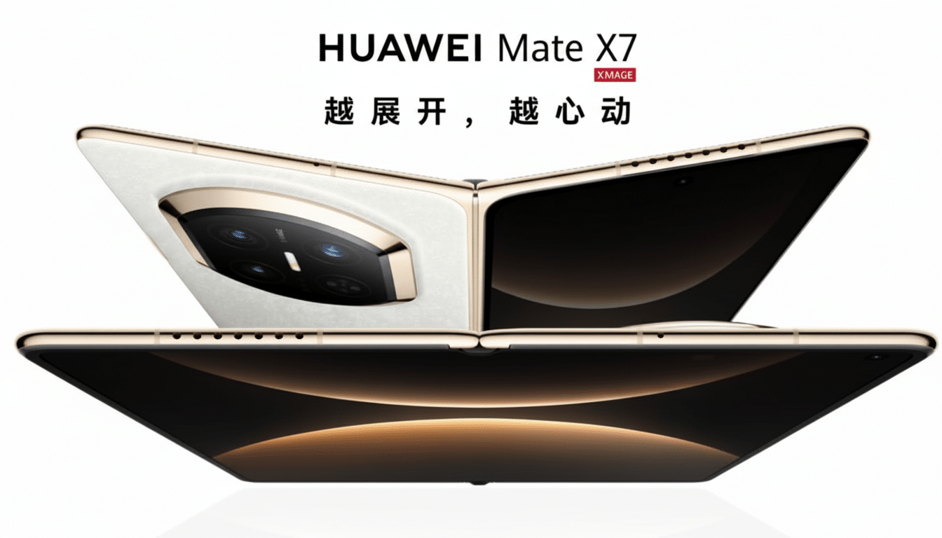 Huawei Mate X7 foldable smartphone shown open, marking global launch