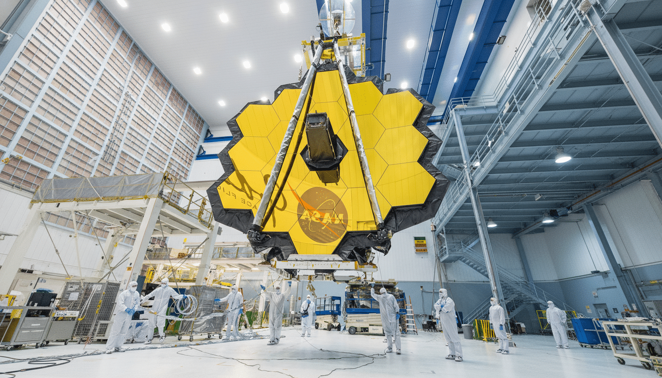 The James Webb Space Telescopes primary mirror, a large golden honeycomb structure, is being prepared by technicians in a clean room.