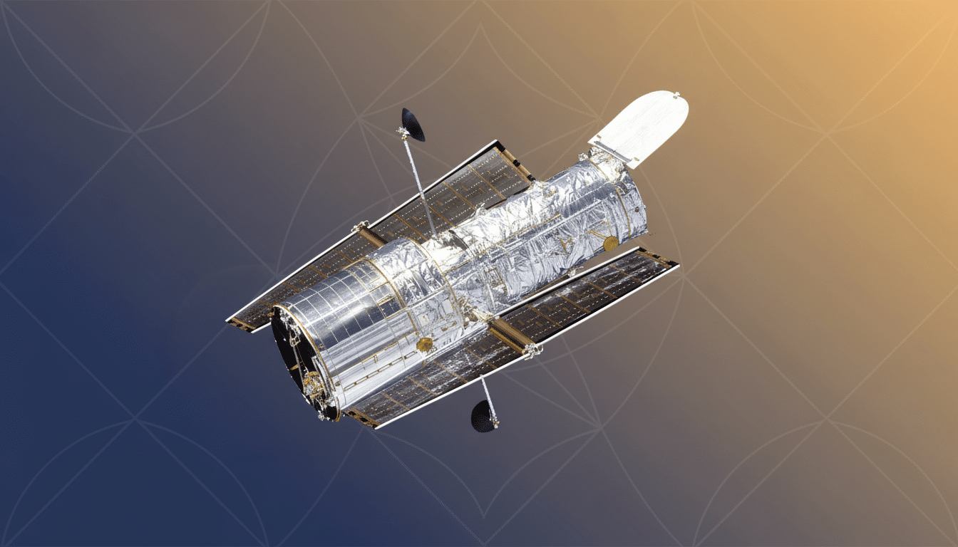 The Hubble Space Telescope against a professional flat design background with soft patterns and a blue to orange gradient.
