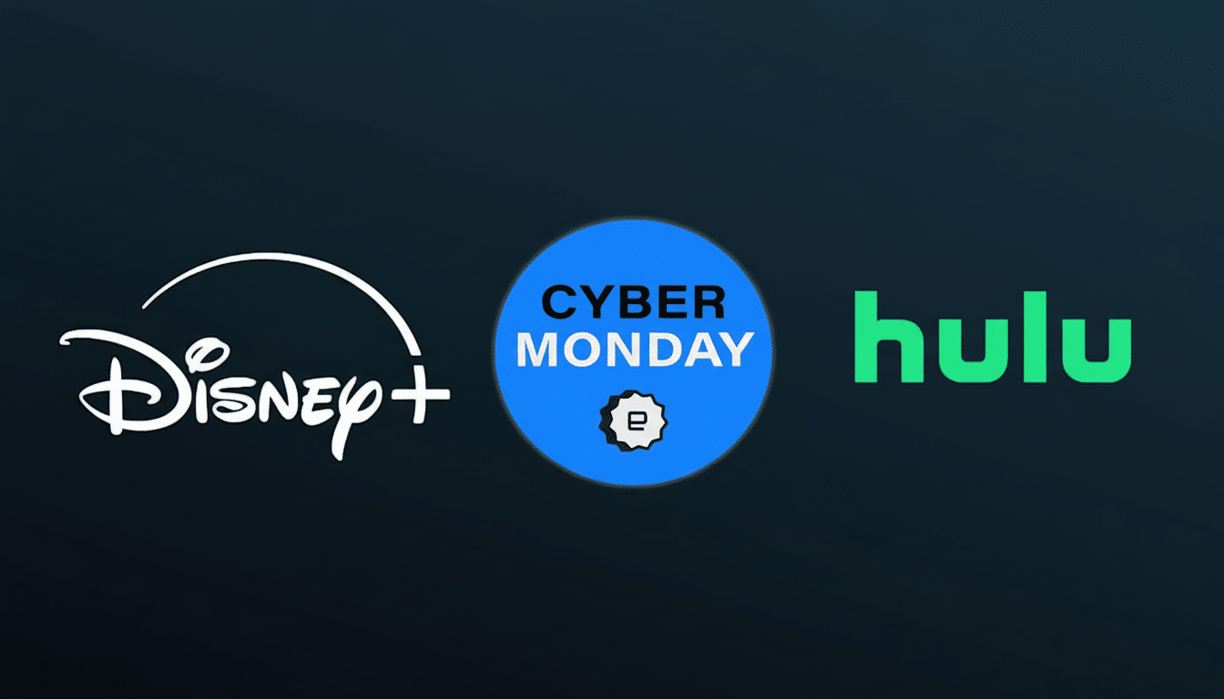 The Disney+, Cyber Monday, and Hulu logos are displayed on a dark background.