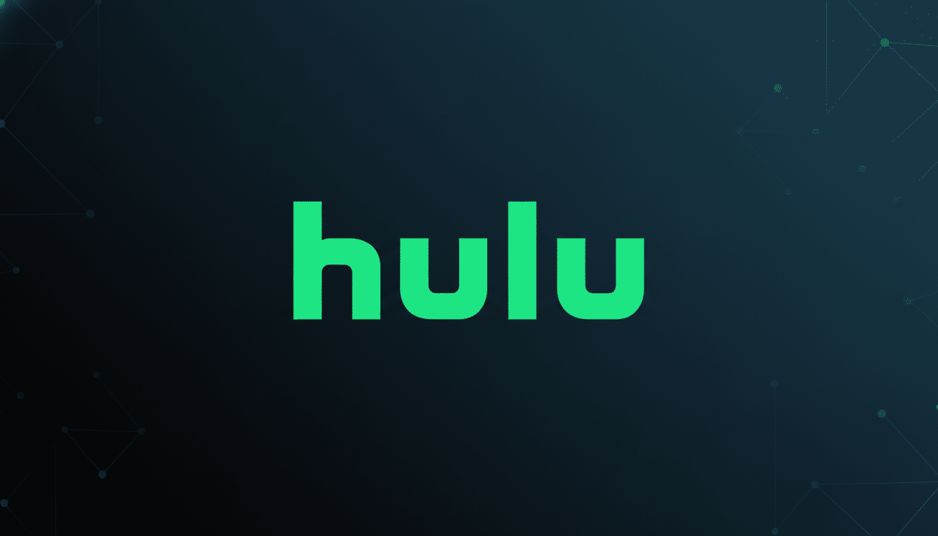 The Hulu logo, featuring the word hulu in bright green lowercase letters, centered on a dark blue-green background with subtle, abstract geometric patterns in the corners.