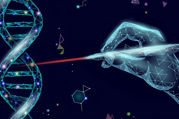 A digital illustration of a glowing blue DNA strand on the left and a polygonal hand on the right, holding a stylus that emits a red laser beam towards the DNA. The background is a dark blue with subtle geometric shapes and stars, maintaining the original professional and scientific theme.