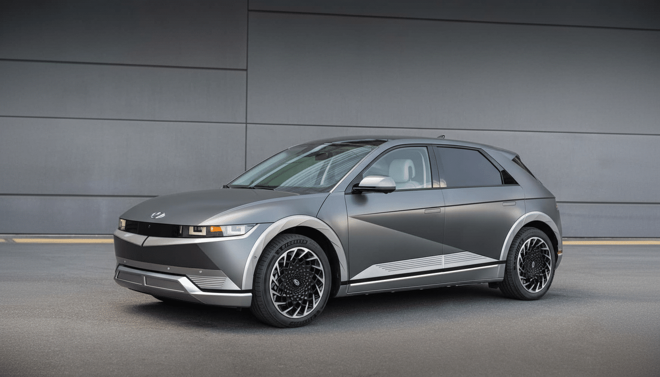 A gray Hyundai Ioniq 5 electric car parked in front of a modern gray building.