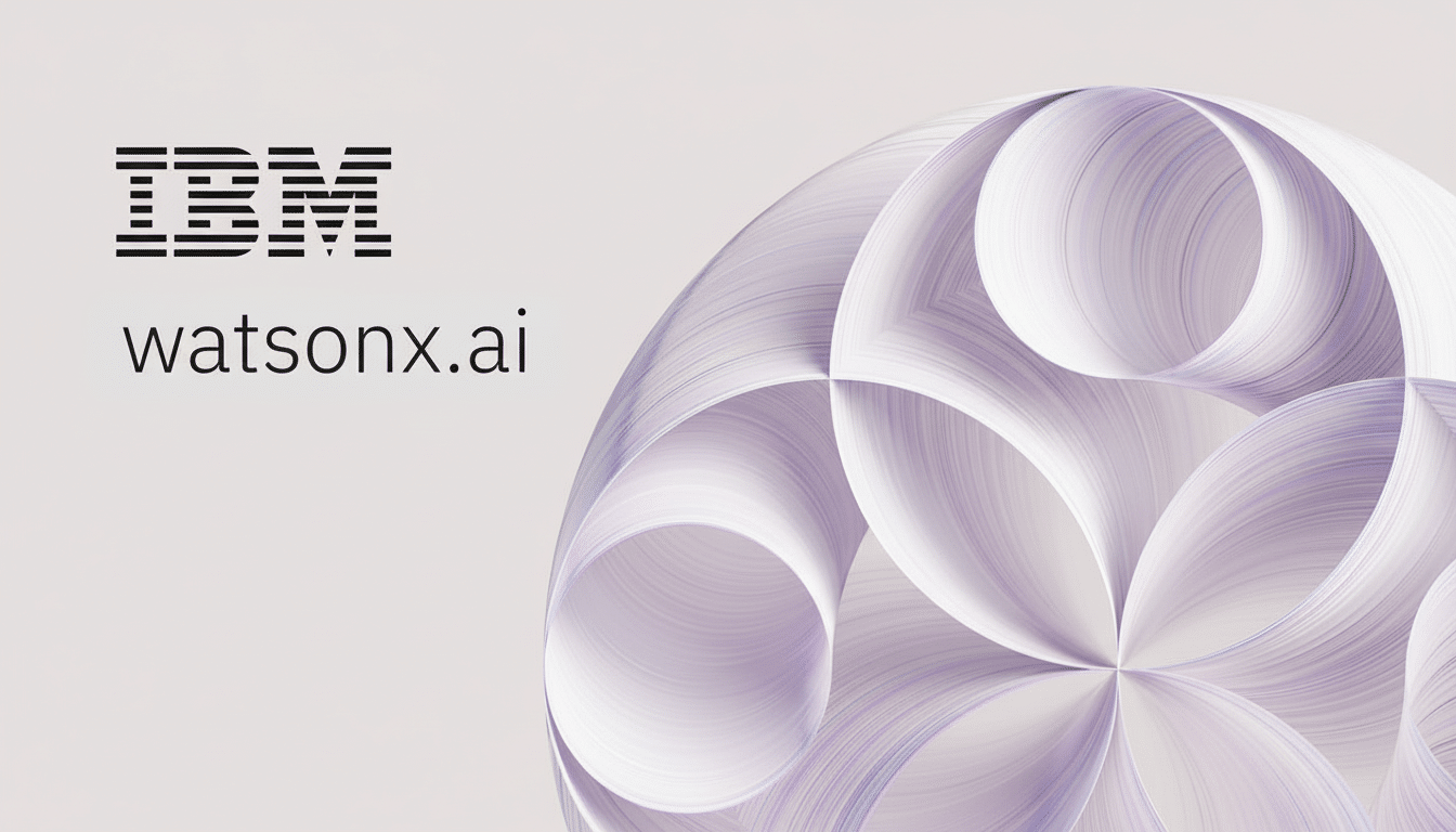 The IBM logo and watsonx.ai text on a light background with a large, abstract, spherical design composed of swirling, light purple and white paper-like ribbons on the right side.