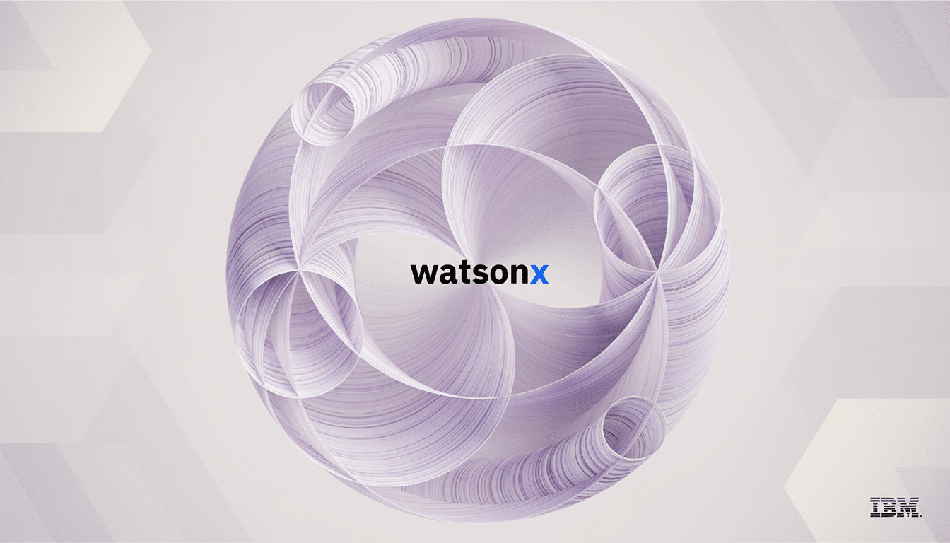 The IBM Watsonx logo is centered on a light background with a subtle geometric pattern.