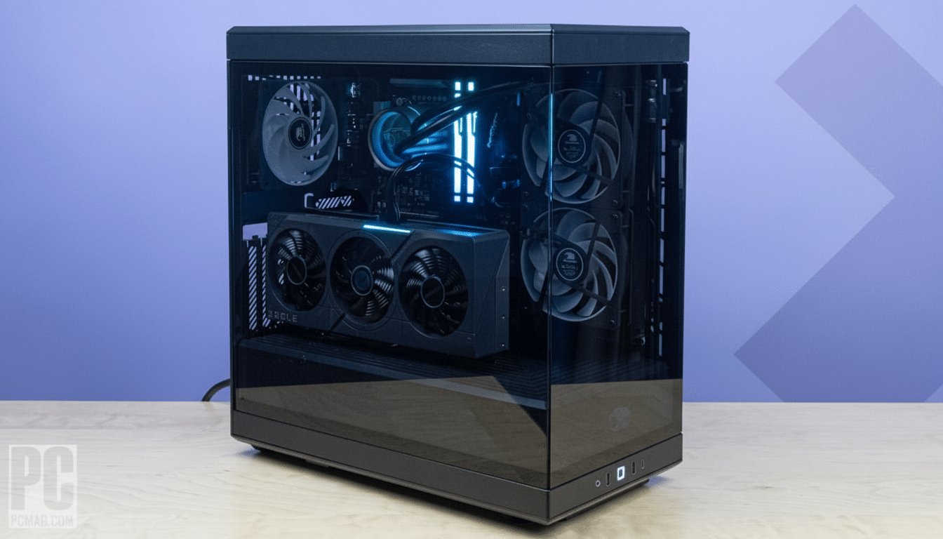 A black computer tower with a transparent side panel, showcasing internal components with blue LED lighting, set against a purple background.