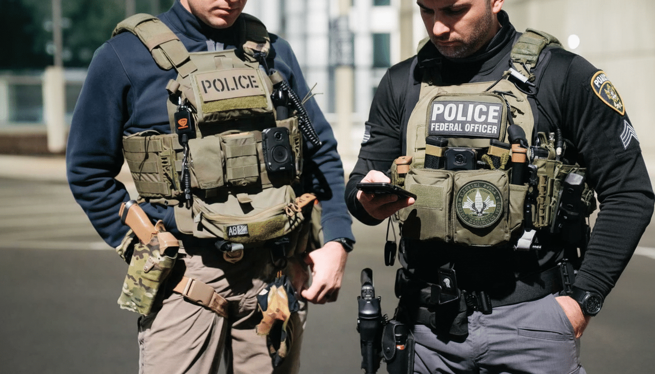 Two police officers in tactical gear, one looking at a phone.