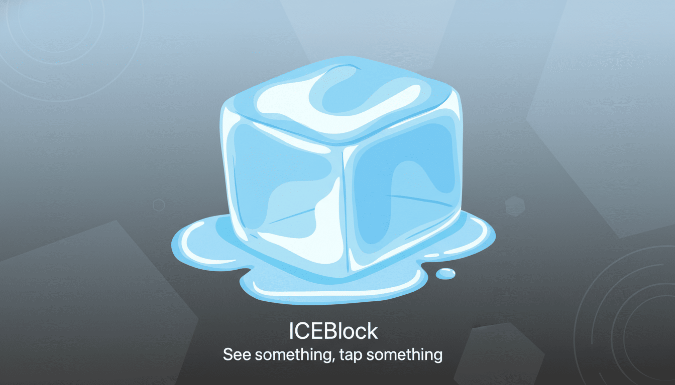 A 16:9 aspect ratio image featuring a stylized melting ice cube with the text ICEBlock and See something, tap something below it, set against a professional flat design background with soft gray gradients and subtle circular patterns.
