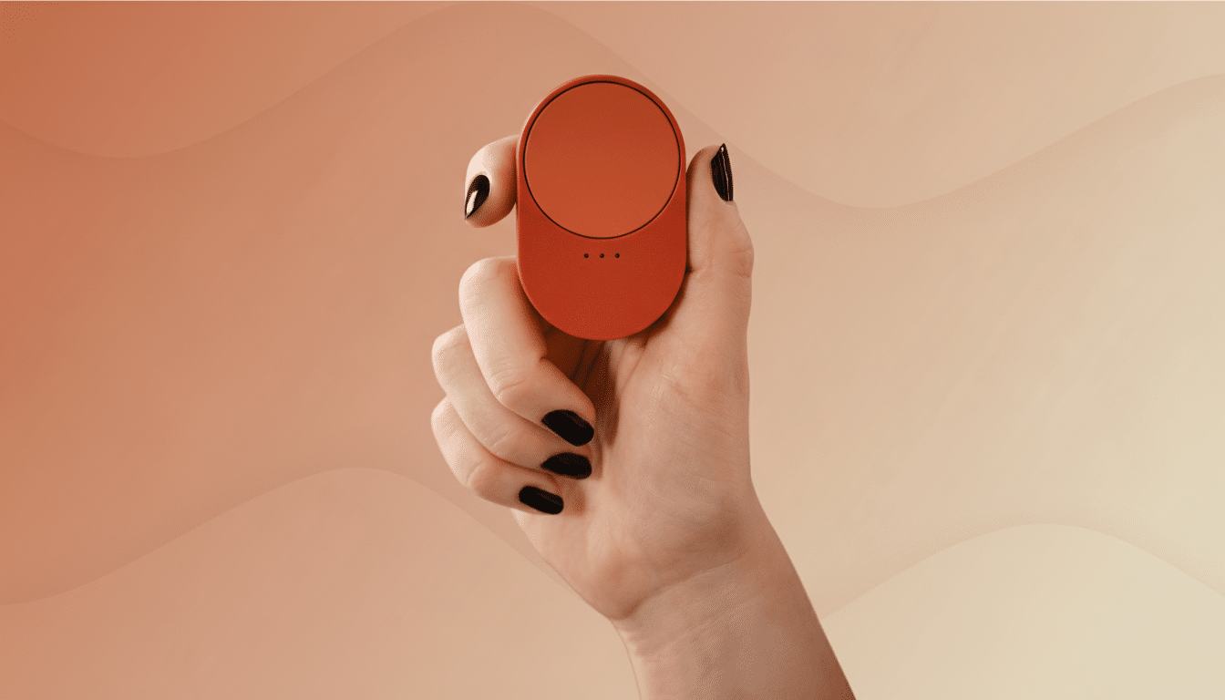 A hand with black nail polish holds an orange, oval-shaped device with three small indicator lights, presented against a professional flat design background with soft, warm-toned gradients and subtle wave patterns.