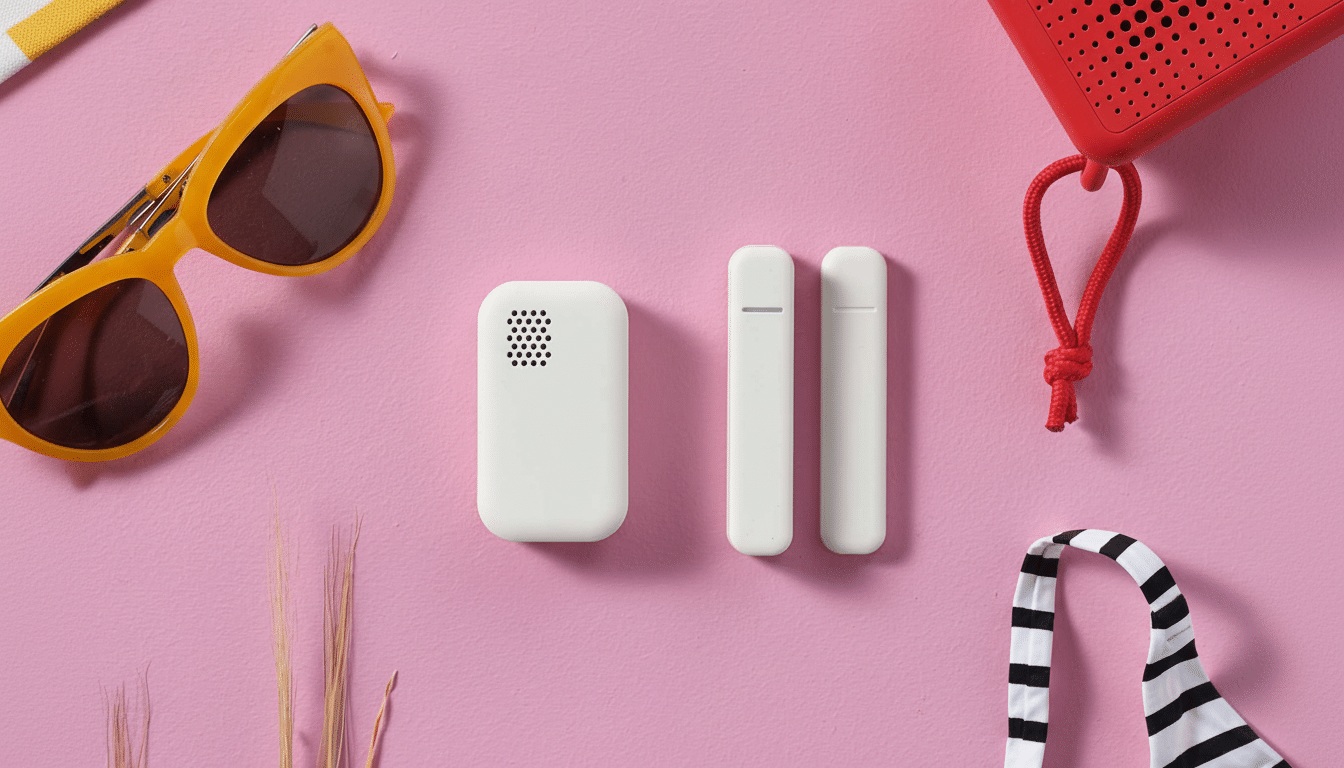 A 16:9 aspect ratio image featuring two white rectangular devices, one with a speaker grille, centered on a pink background. They are surrounded by yellow sunglasses, a red portable speaker, and a striped swimsuit top, all arranged to suggest a summer or vacation theme.