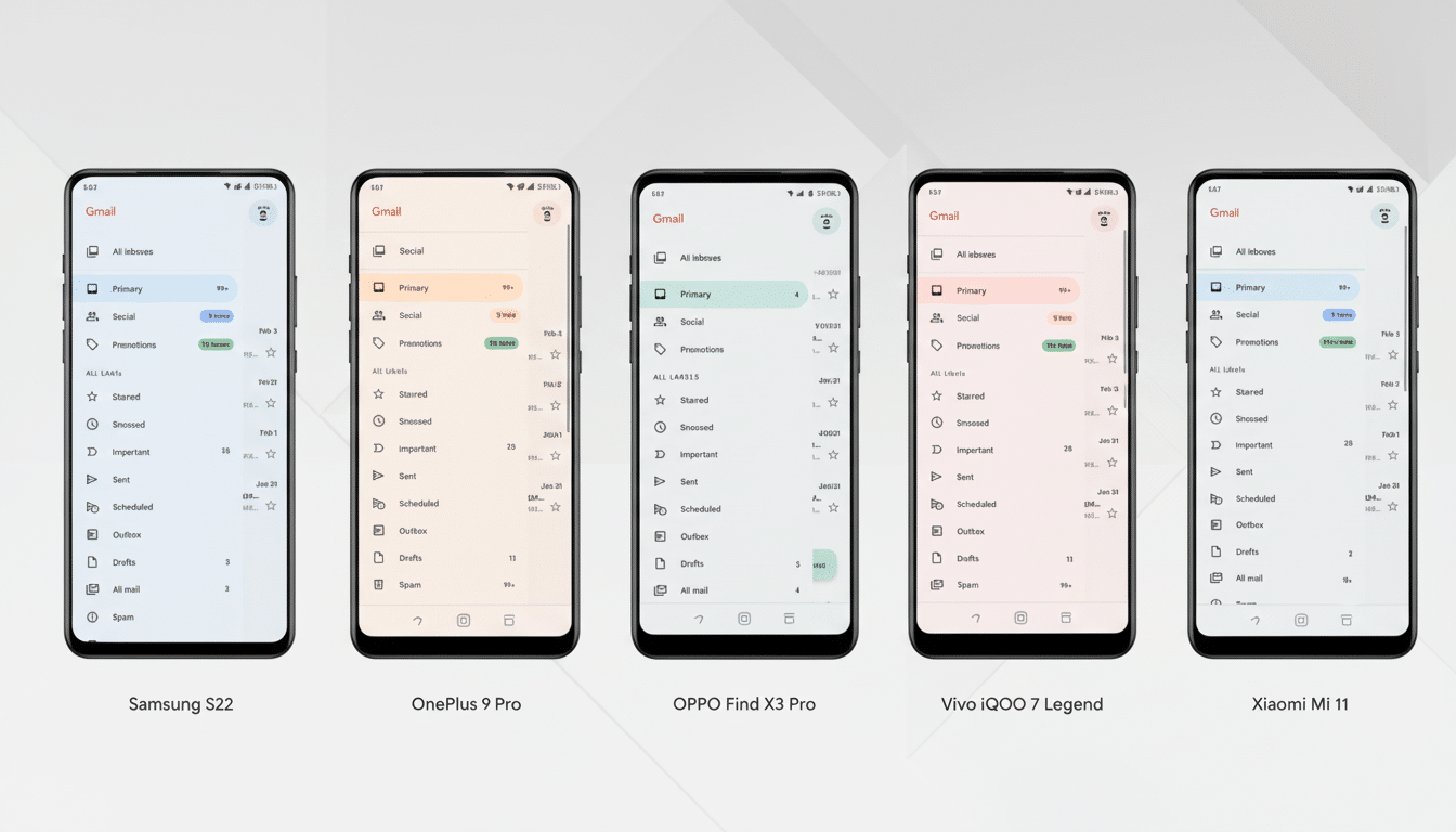 A 16:9 aspect ratio image showcasing five different smartphones (Samsung S22, OnePlus 9 Pro, OPPO Find X3 Pro, Vivo iQOO 7 Legend, and Xiaomi Mi 11) displaying the Gmail app interface. The background is a clean, professional flat design with soft gradients.