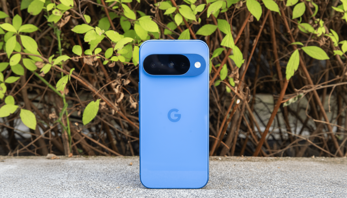 A blue Google Pixel phone is shown from the back, standing upright on a concrete surface with green foliage and brown branches in the background.