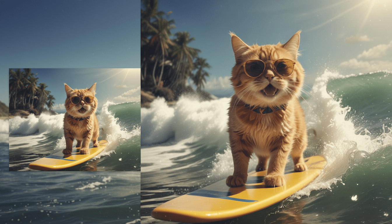 A cool cat wearing sunglasses surfs a wave on a yellow surfboard, with palm trees and a sunny sky in the background.