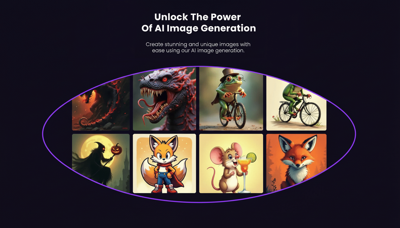 A dark purple background with the text Unlock The Power Of AI Image Generation and Create stunning and unique images with ease using our AI image generation. Below the text, there are eight square images arranged in two rows of four, enclosed within a purple, eye-shaped border. The images depict various AI-generated art, including a red dragon, a frog on a bicycle, a spooky figure holding a pumpkin, a cartoon fox, a mouse with a cocktail, and another fox.