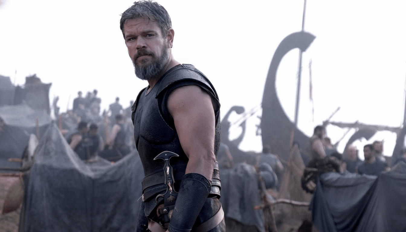 A man with a beard and short hair, wearing dark leather armor and holding a dagger, looks directly at the viewer. In the background, there are tents, people, and the silhouette of a large ship.