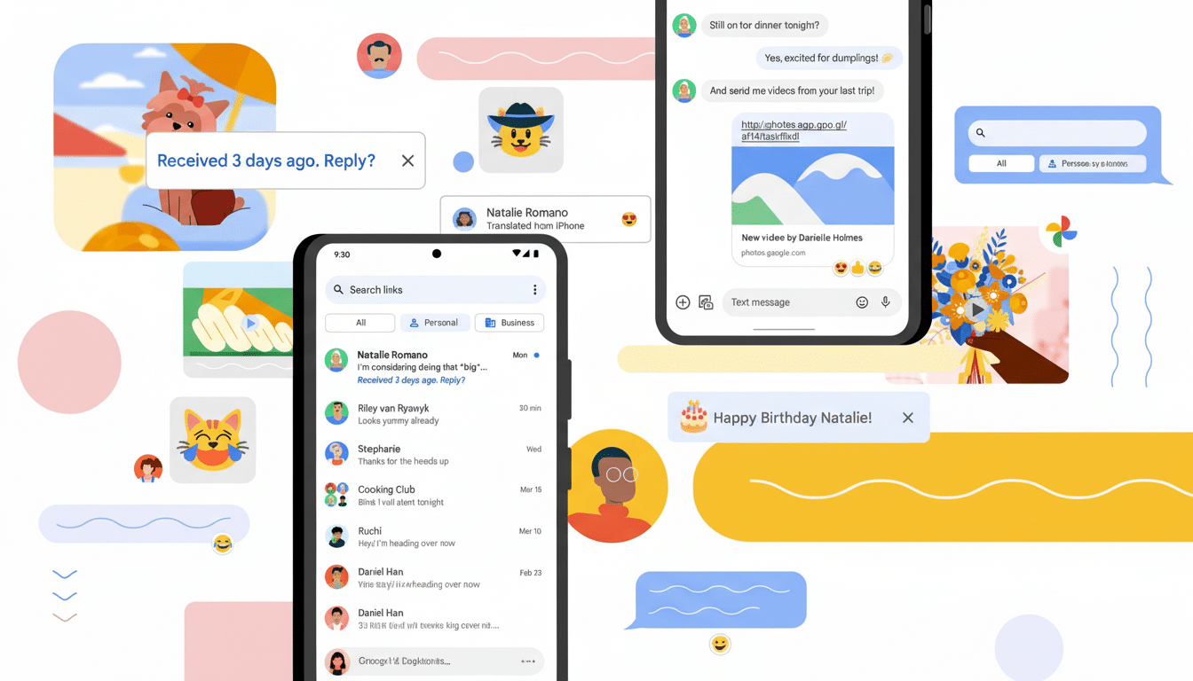 A 16:9 aspect ratio image showing multiple mobile phone screens displaying messaging apps, surrounded by various chat bubbles and cartoonish elements like a cat emoji, a dog, and a persons face.