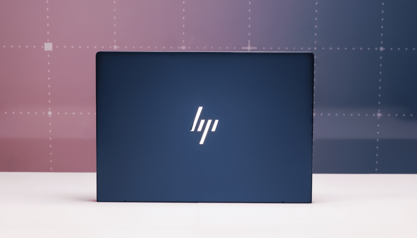 A dark blue HP laptop with a glowing white logo on its lid, set against a professional background with soft gradients and subtle patterns.