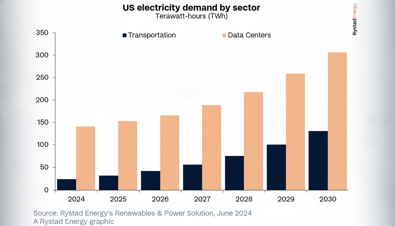 A bar chart showing US electricity demand by sector (Transportation and Data Centers) in Terawatt-hours (TWh) from 2024 to 2030. The chart is set against a professional flat design background with soft patterns.