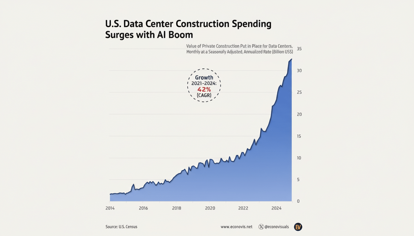 A graph showing the surge in U.S. data center construction spending from 2014 to 2024, with a notable increase from 2021 to 2024, indicating a 42% CAGR.