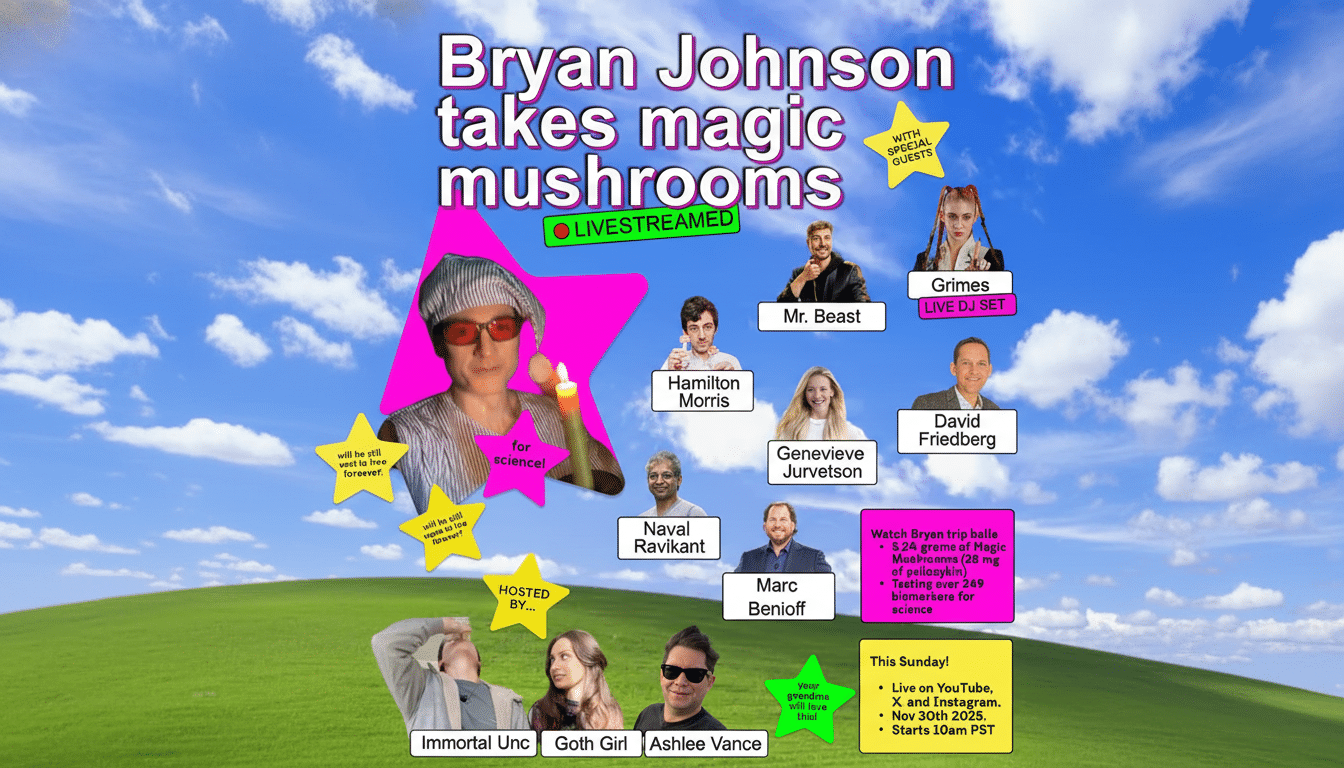 A promotional image for an event titled Bryan Johnson takes magic mushrooms with a blue sky and green hill background. The image features Bryan Johnson in the center, surrounded by images of various guests including Mr. Beast, Grimes, Hamilton Morris, Genevieve Jurvetson, David Friedberg, Naval Ravikant, and Marc Benioff. There are also images of Immortal Unc, Goth Girl, and Ashlee Vance as hosts. Text boxes provide details about the event, including it being livestreamed, having special guests, and details about the mushroom trip and biomarkers.