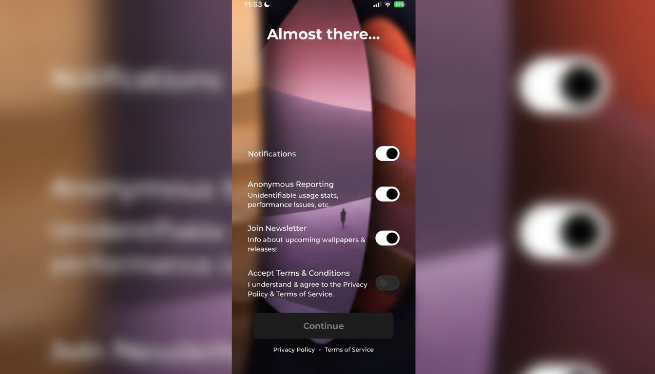 A mobile app screen with the title Almost there... and options for notifications, anonymous reporting, joining a newsletter, and accepting terms and conditions.