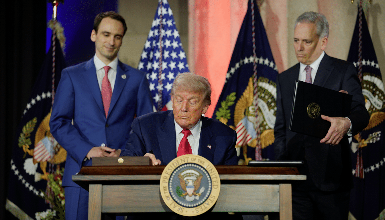 Donald Trump signing a document at a podium, flanked by two men and American flags.