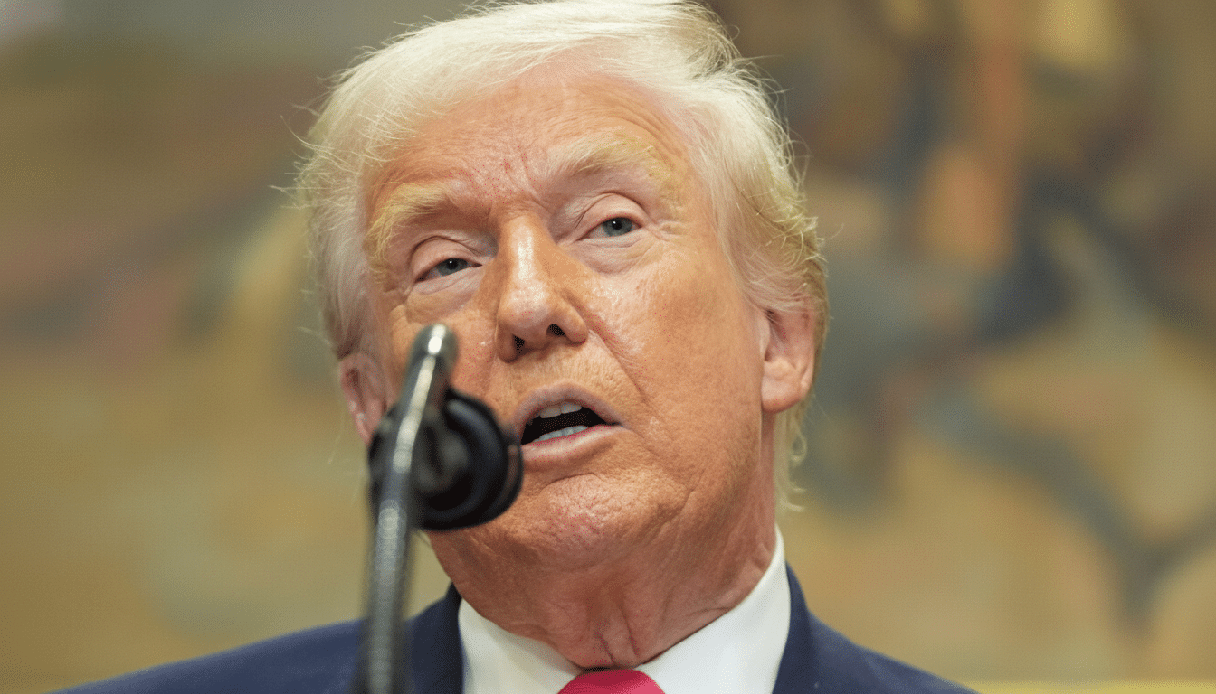 A close-up, professionally enhanced image of Donald Trump speaking into a microphone, resized to a 16:9 aspect ratio.