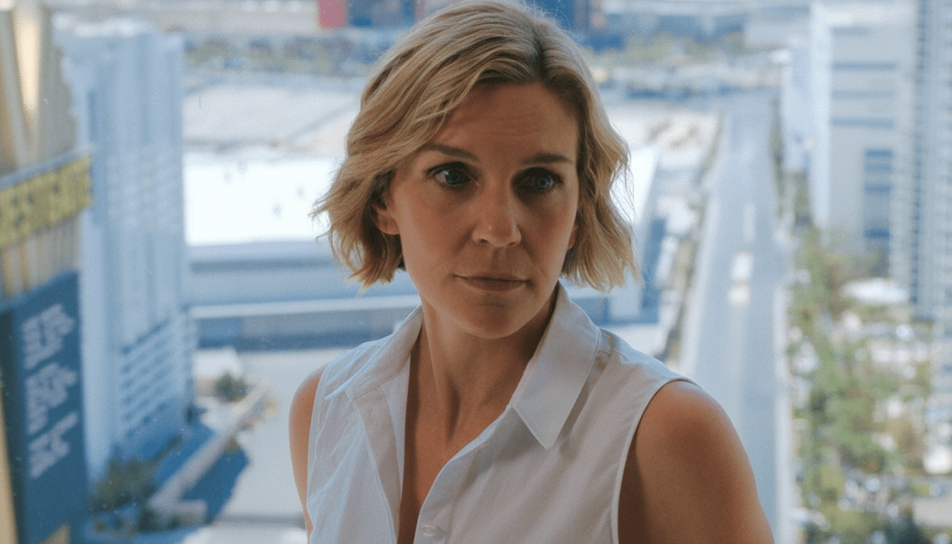 A woman with short blonde hair and a white sleeveless shirt looks directly at the viewer, with a city background visible through a window behind her.
