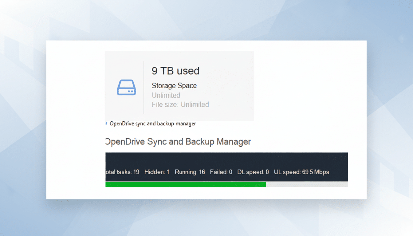 A professional, enhanced image of the OpenDrive Sync and Backup Manager interface, resized to a 16:9 aspect ratio. The interface shows 9 TB used storage space, with Unlimited for both storage and file size. Below, it displays OpenDrive Sync and Backup Manager and a status bar indicating total tasks: 19 Hidden: 1 Running: 16 Failed: 0 DL speed: 0 UL speed: 69.5 Mbps with a green progress bar. The background is a soft, professional flat design with subtle patterns, highlighting the main interface.