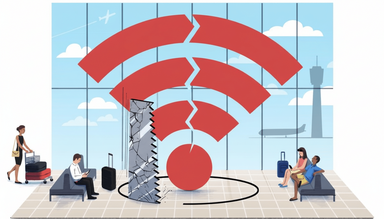 An illustration depicting a broken Wi-Fi signal in an airport lounge, with travelers experiencing connectivity issues.