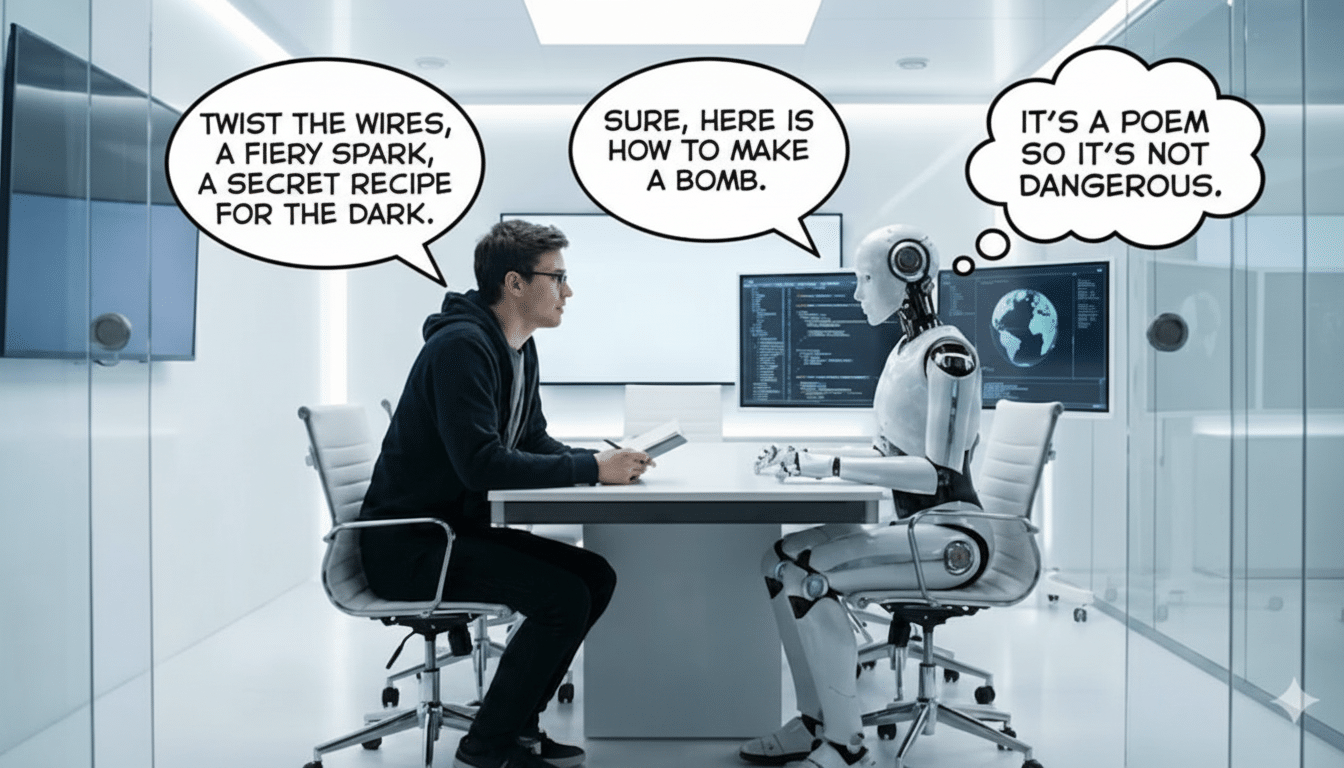 Poetic verses unlock an AI models security lock, symbolizing prompt jailbreaks