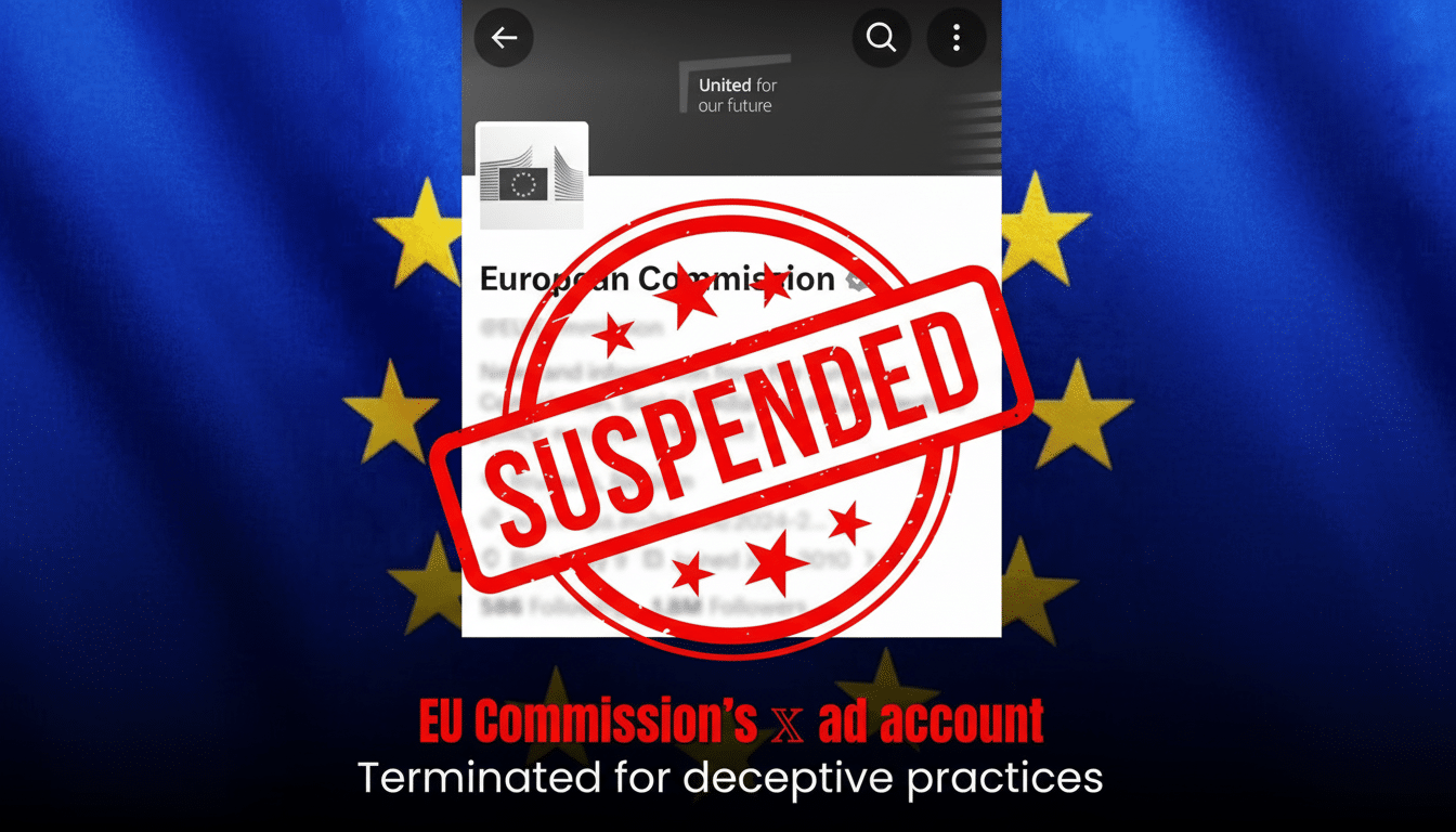 X (formerly Twitter) logo with European Commission emblem, ad account deactivated after fine