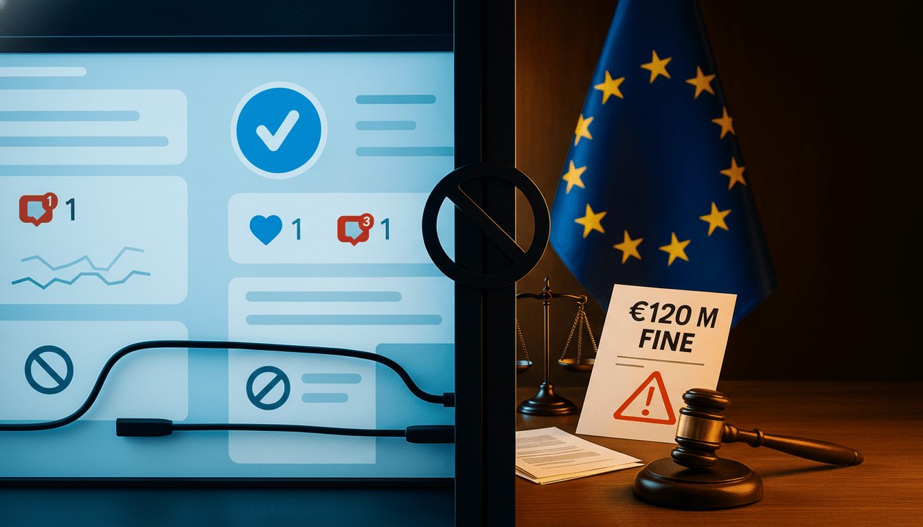 A split image showing a social media interface on the left and a legal setting with an EU flag and a €120 M FINE notice on the right.