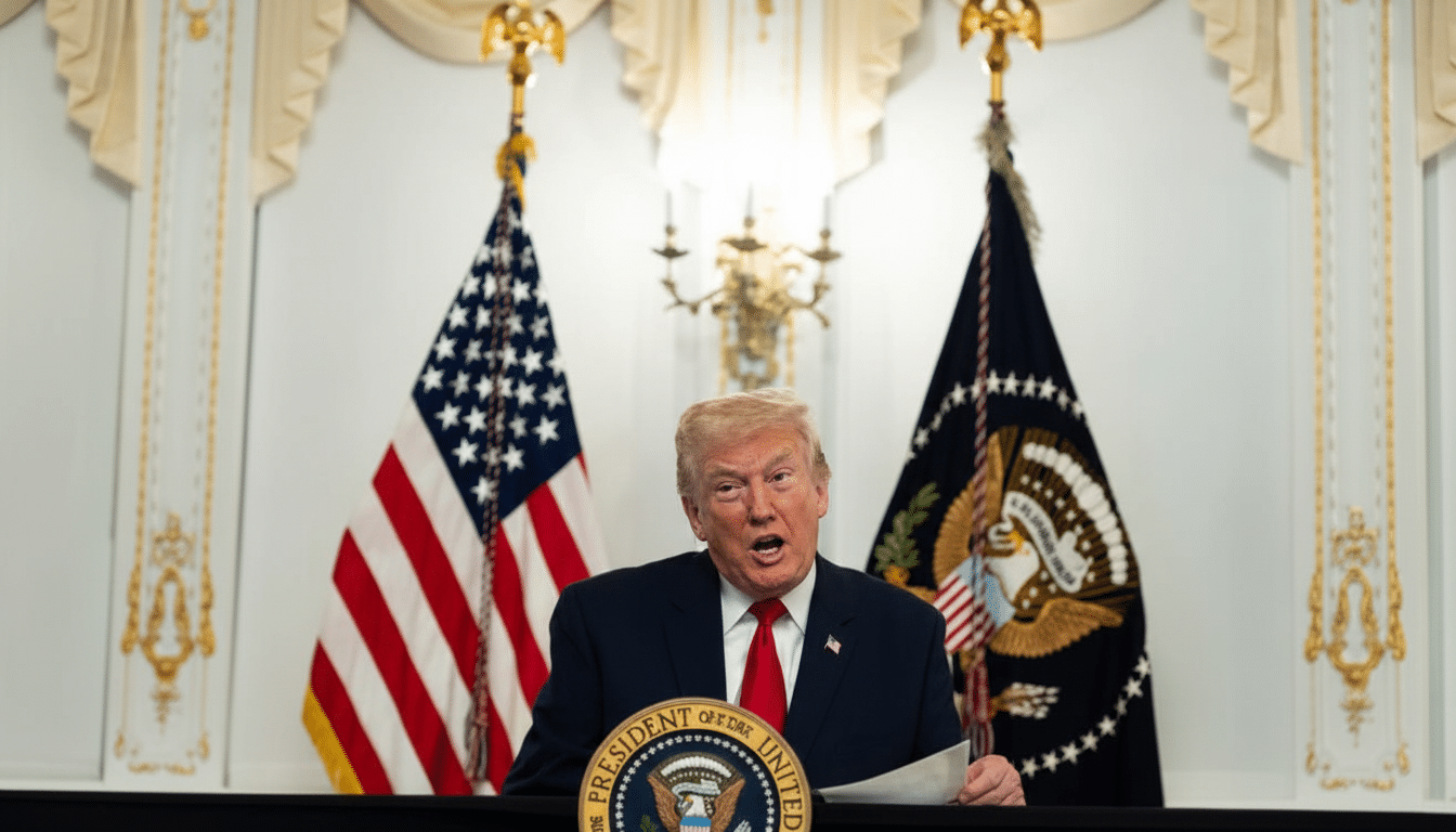 Donald Trump speaking at a podium with American and Presidential flags in the background.