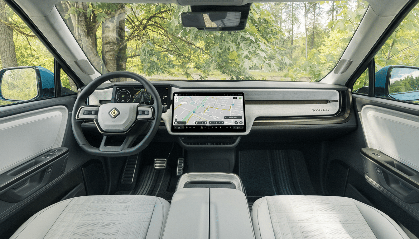 The interior of a Rivian electric vehicle, featuring a minimalist dashboard with a large central touchscreen display showing a navigation map, and a digital instrument cluster behind the steering wheel. The view through the windshield shows a lush green forest.