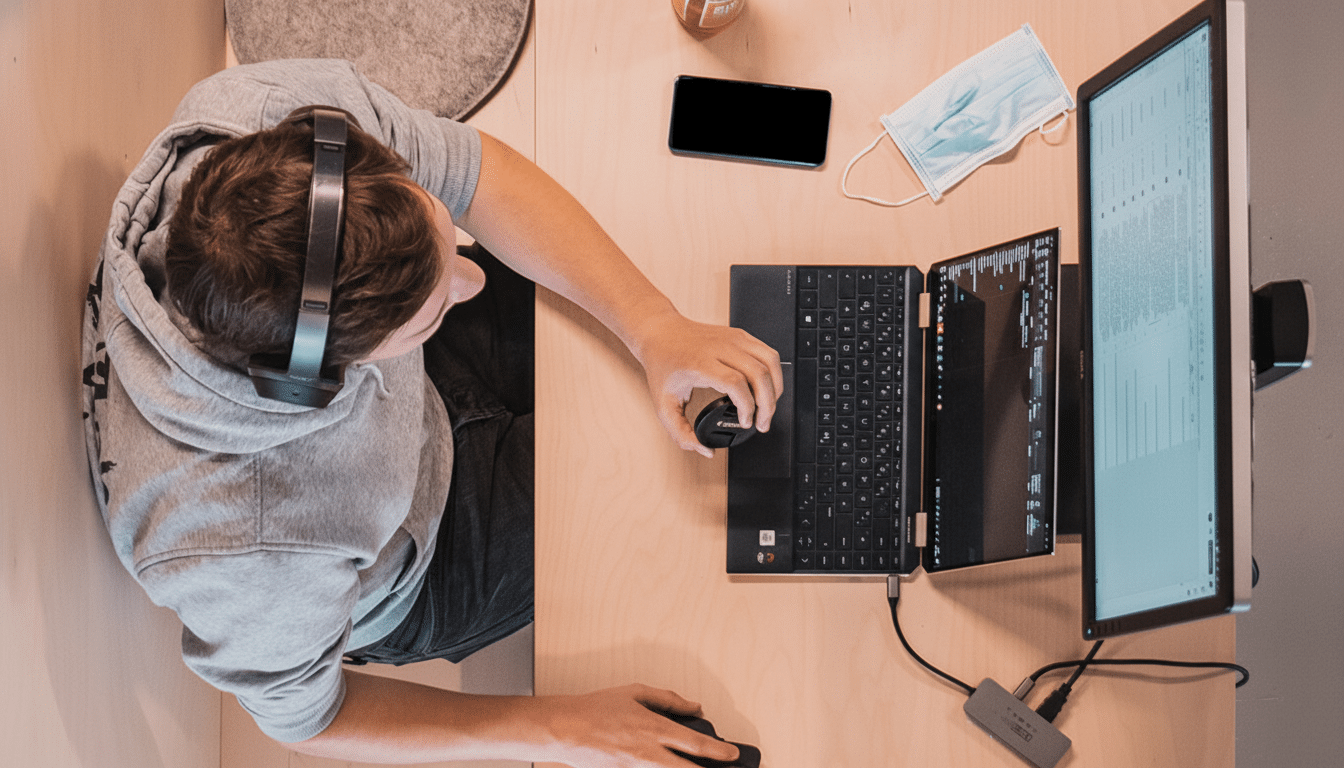 An overhead shot of a person wearing headphones, working on a laptop and an external monitor at a wooden desk. A smartphone, a face mask, and a USB hub are also on the desk.