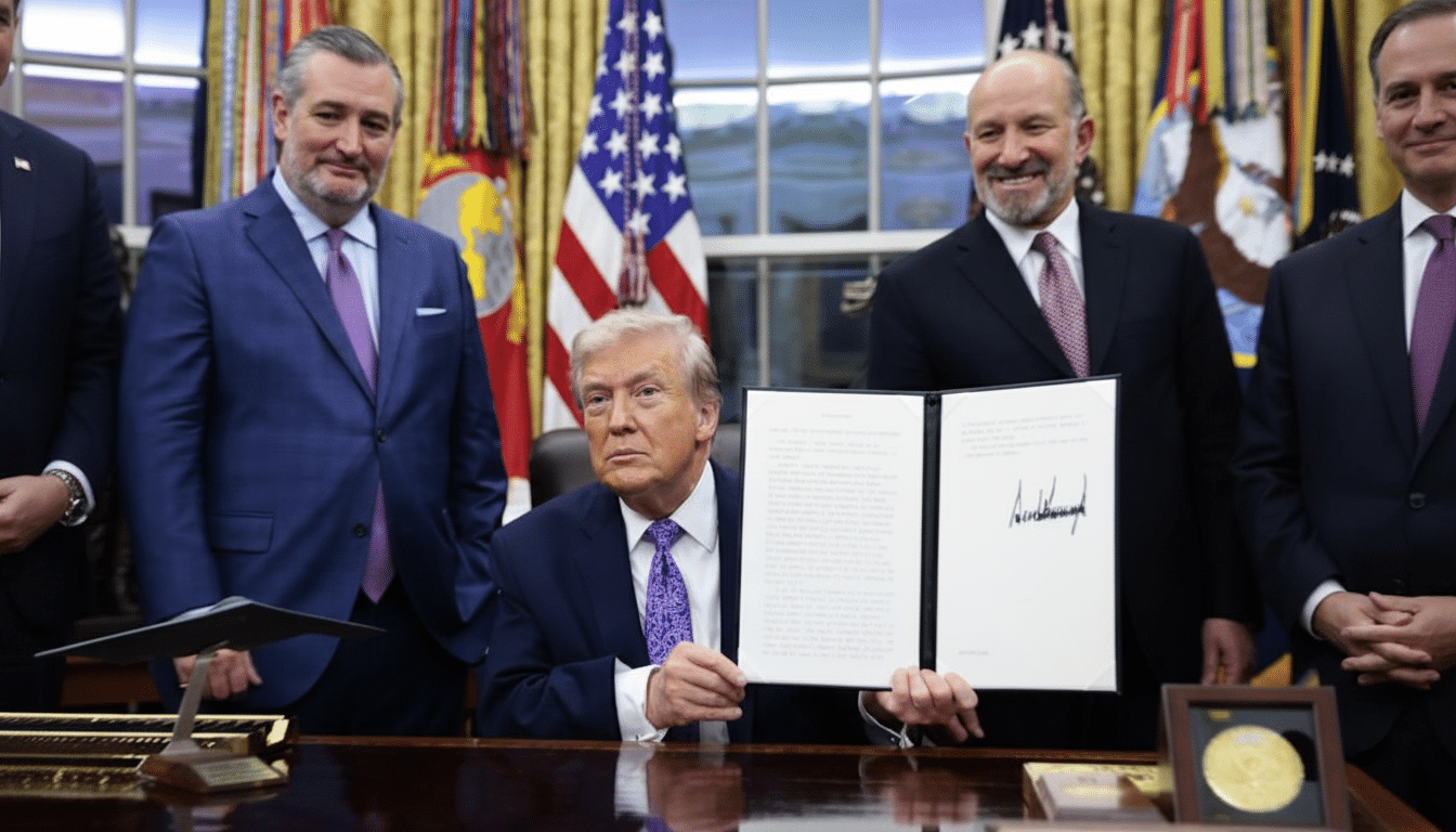 Donald Trump seated at a desk, holding up a signed document, flanked by Ted Cruz and other men in suits.