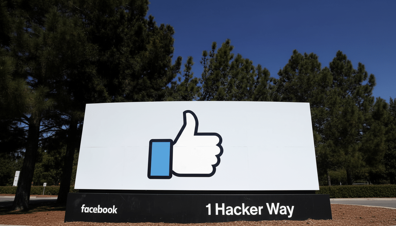A 16:9 aspect ratio image of the Facebook Like sign at 1 Hacker Way, with trees and a blue sky in the background.