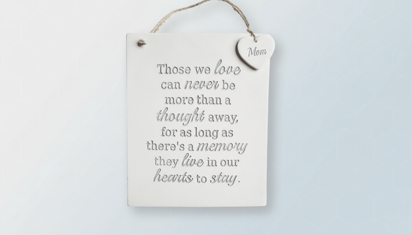 A white rectangular plaque with a heart-shaped tag that says Mom hanging from a twine string. The plaque has an embossed inscription that reads: Those we love can never be more than a thought away, for as long as theres a memory they live in our hearts to stay. The background is a soft blue gradient with a subtle hexagonal pattern.