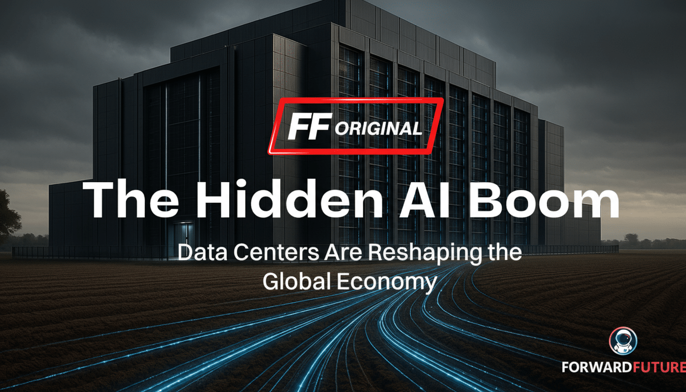 A large, dark data center building stands under a cloudy sky, with glowing blue lines representing data streams converging towards it from a field. The text The Hidden AI Boom and Data Centers Are Reshaping the Global Economy are prominently displayed, along with FF ORIGINAL and FORWARD FUTURE logos.